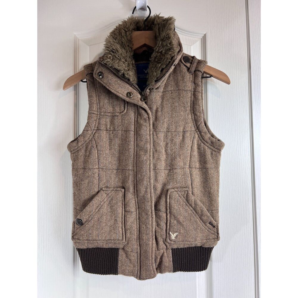 American Eagle Women's Wool Blend Zip Up Faux Fur Collar Vest Tan Blue Size M